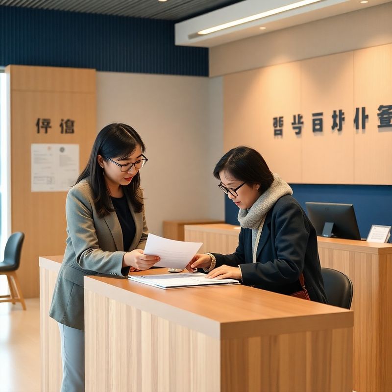 인디고와 크림 톤 리셉션 데스크에서 서류를 검토하는 상담 장면