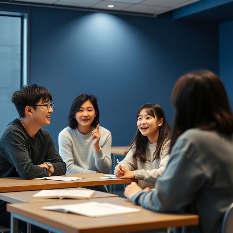인디고 블루 톤의 현대적 교실에서 토론하는 광주 학생들