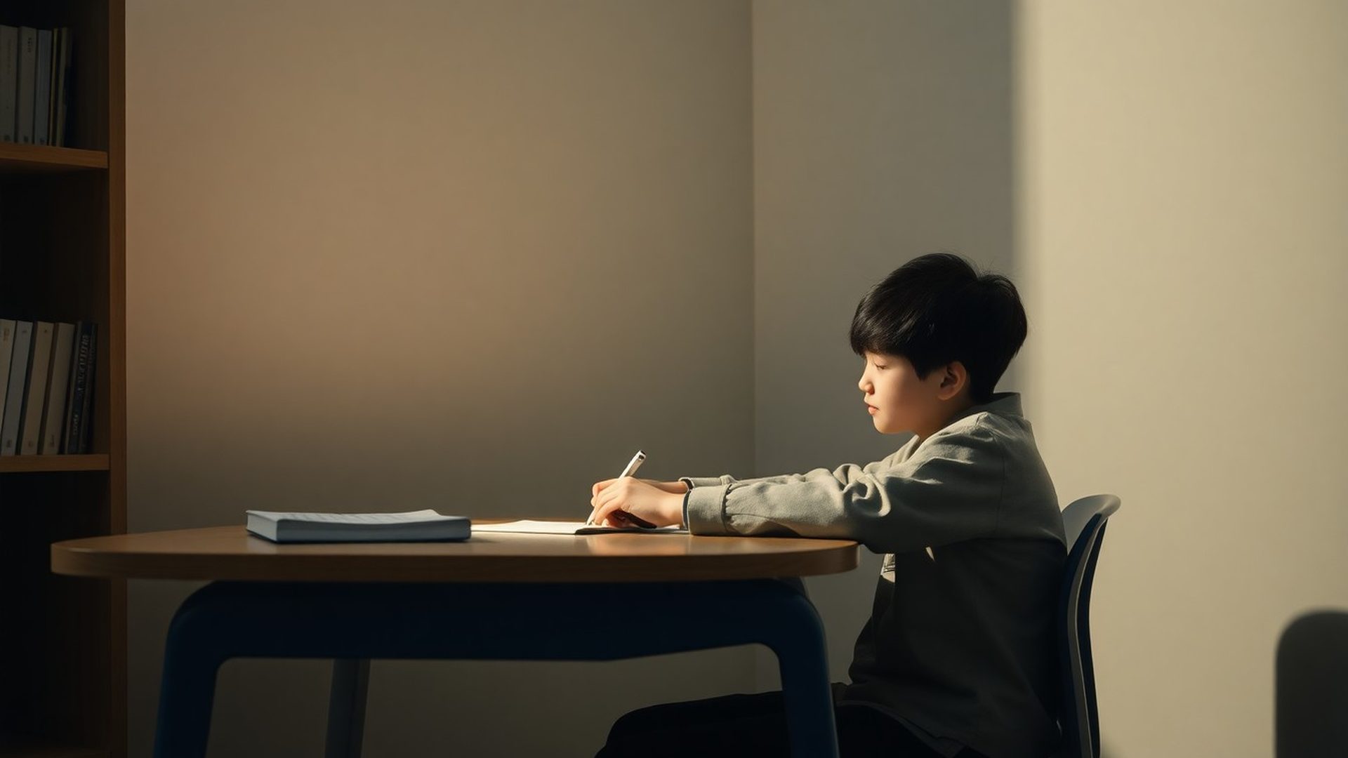 인디고 톤의 책상에서 집중해 공부하는 광주 고등학생
