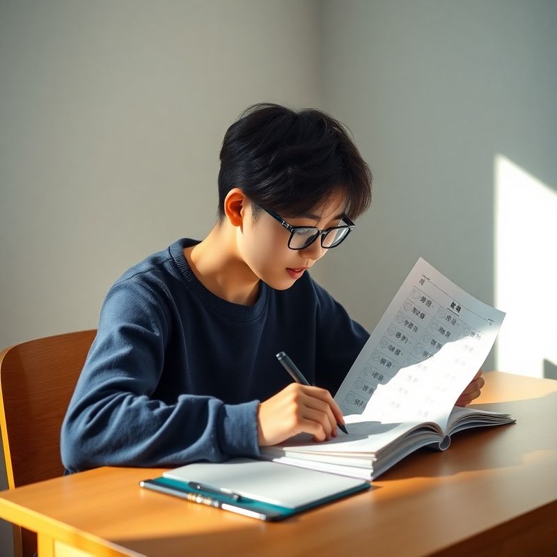 인디고 톤 책상에서 입시 자료를 검토하는 한국 학생