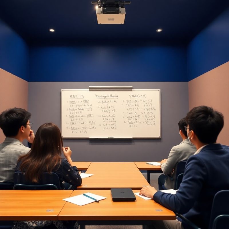 인디고 강조 벽면과 화이트보드가 있는 세미나실의 한국 학생들